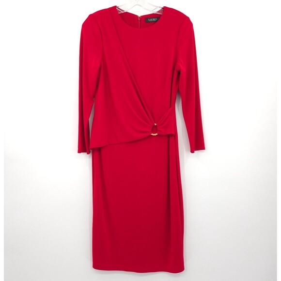 Lauren Ralph Lauren womens solid red sheath dress Size 4 gold ring 3/4 sleeve - Picture 3 of 12